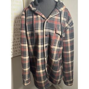 Wolverine Mens XL Plaid Hooded Flannel Shirt Jacket Red Black Snap Front Fleece